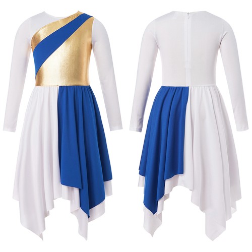 Girls Lyrical Dance Dress Metallic Long Sleeve Tunic Skirt Church Robe Costume - Picture 7 of 67