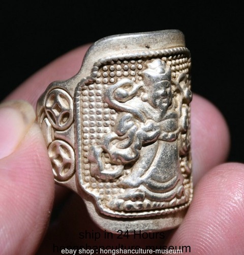 1.2" Old Chinese Silver Gems Gilt Carving Mammon God of Wealth Jewelry Ring - Picture 2 of 6