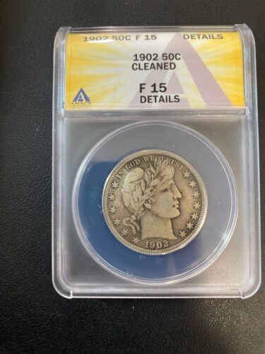 1902 BARBER HALF DOLLAR ANACS F-15 DETAILS - GOOD DATE - CERTIFIED SLAB - 50C