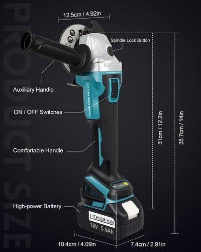 Angle Grinder Brushless Cordless Cut‑Off with 2 5.5Ah Battery Set for Makita 18V - Bild 2 von 11
