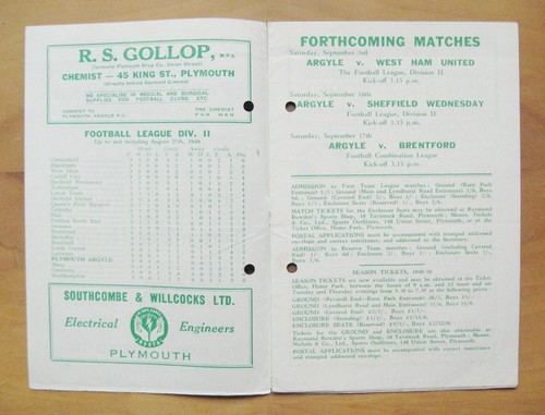 PLYMOUTH ARGYLE v TOTTENHAM HOTSPUR 1949/1950 Good Condition Football Programme - Picture 2 of 7
