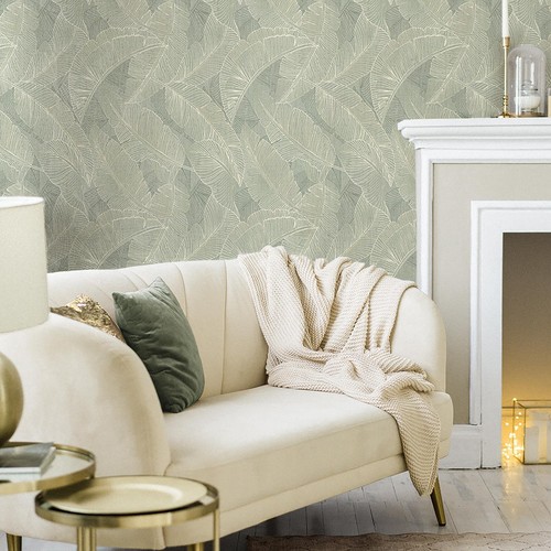 Anaya Palm Leaves Wallpaper Large Scale Leaf Textured Belgravia Vinyl 2140 Green - Foto 1 di 5