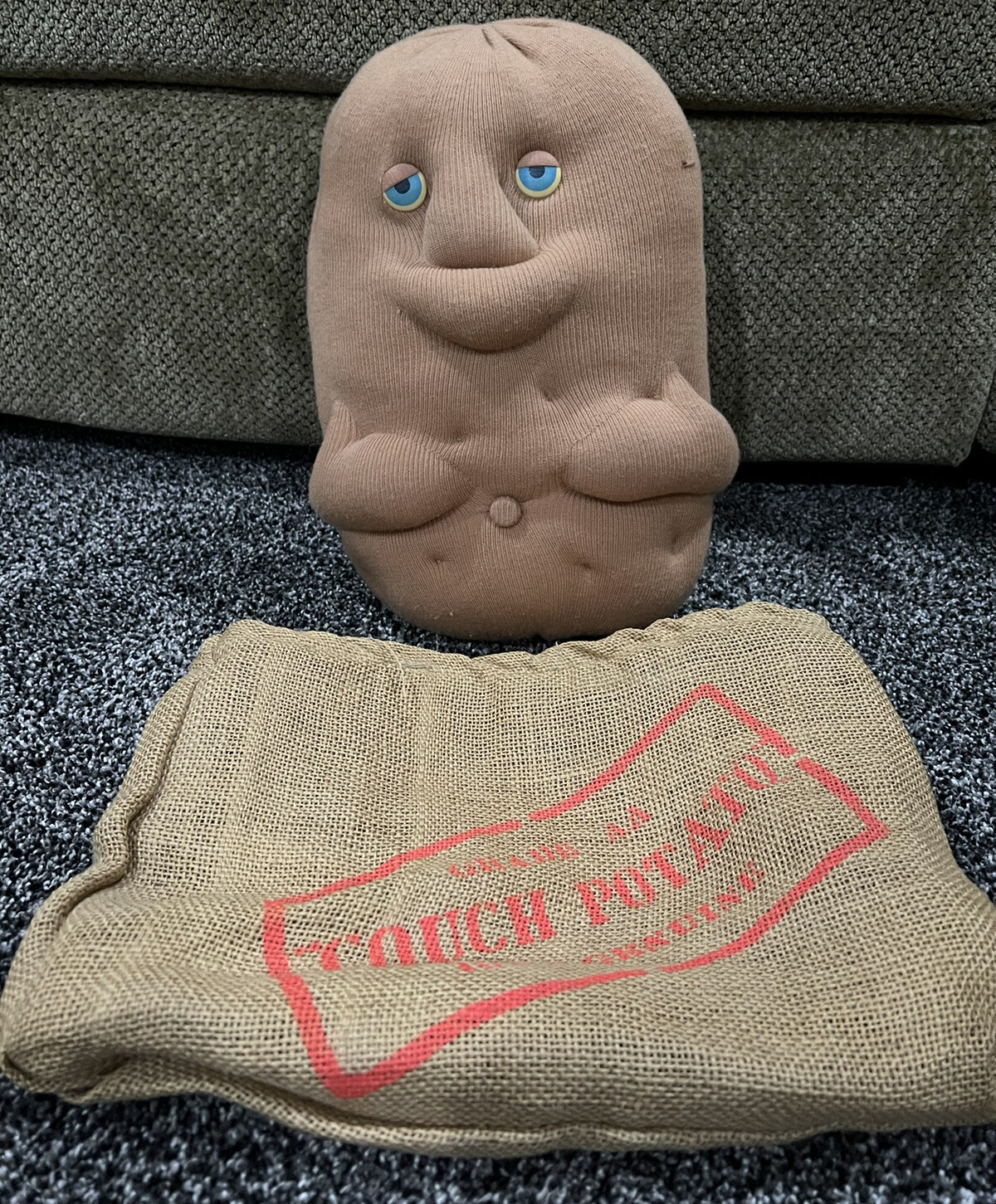 Vintage 1987 Couch Potato Plush Blue Eyes with Burlap Sack Coleco Inc