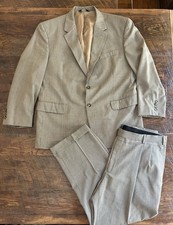 Jos. A. Bank Mens 2-Pc Suit 44S Tan Beige Micro Houndstooth 100 Wool Pleated