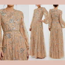NWT Mac Duggal [ 18 ] 94072 Embellished High Neck Puff Sleeve Gown Nude J2430