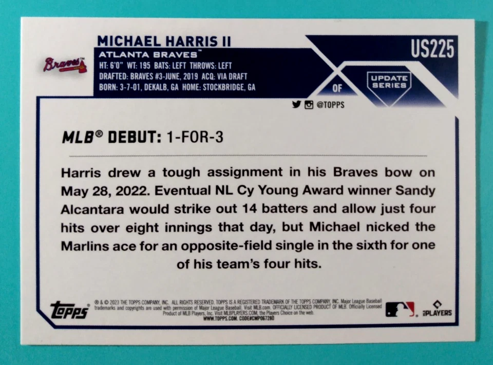 2023 TOPPS BASEBALL  *** Michael Harris II: Rookie Debut ***  #US225 - Image 2 of 2