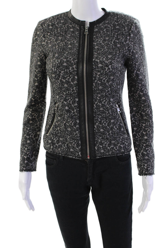 Rebecca Taylor Women's Round Neck Leather Trim Long Sleeves Jacket Black Size 0