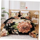  Floral Quilt Set Queen, Elegant Gold Flower Bedspread Queen 90"×96" Black Boho
