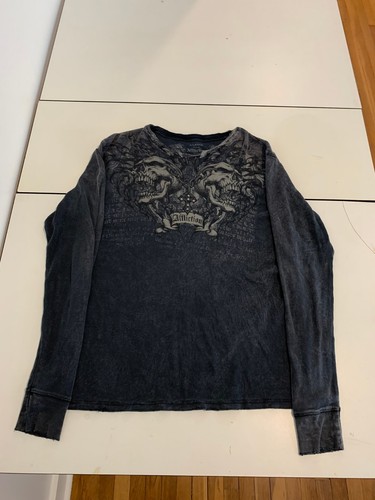 Affliction Shirt XL blau Totenkopf Gothic Y2K Langarm Waffel Thermo Grunge Punk