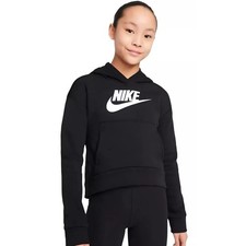 NIKE Girls Club Fleece Pullover Hoodie Medium Black White Sweatshirt NWT