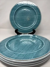 4 Carlisle Ocean Blue Boho Weave Melamine Dinner Plates Turquoise Grass Cloth