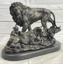 Extra Large Lion Family Wildlife Bronze Sculpture Marble Base Figurine Figure