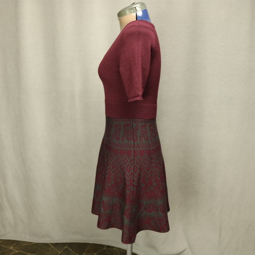 Nina Leonard Floral Rose & Geometric Design Mini Sweater Dress Burgundy Gray S - Picture 7 of 24