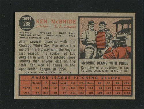 #268 KEN McBRIDE, Angels - 1962 Topps: NM, o/c, pack fresh, good gloss 220873e - Picture 2 of 3