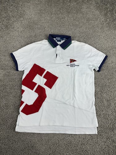 Polo Ralph Lauren Poloshirt Herren Large weiß marine rot Custom Fit maritim Flagge