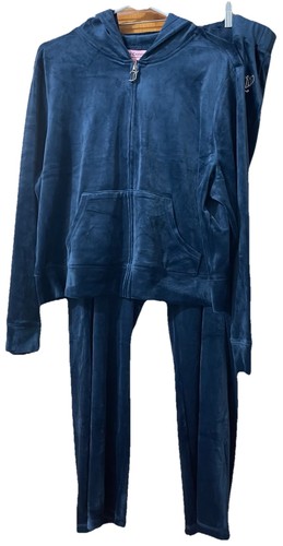 NEU! Neu mit Etikett Juicy Couture Velours Glitzer Trainingsanzug Hoodie & Hose Set Regal blau Gr. 2X - Bild 1 von 11
