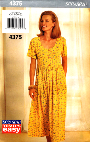 Easy Dress with Dirndl Skirt Butterick Sewing Pattern 4375 Sizes 18 20 22 - Picture 1 of 2