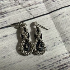 VTG. FAS Silver Time Diamond & Sapphire Accent Dangle Earrings- 1.25"