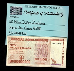 50 Billion Dollars Zimbabwe Special Agro Cheque AA 2008 COA Authentic AA5359713