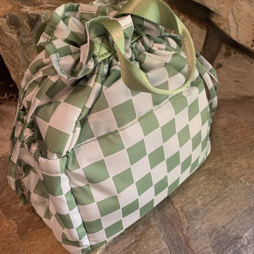 Lunch Tote - Fit + Fresh Green And White Squares Insulated Cinch Lunch Bag Tall - Picture 3 of 14