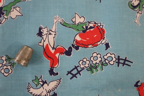 Früher Vintage Full Feedsack Stoff Country Dance 36x48" blau & rot Hühnersp