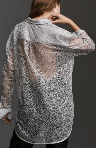 By Anthropologie Metallic Lace Buttondown Shirt Neu mit Etikett Gr. XXS Oversized - Bild 2 von 14
