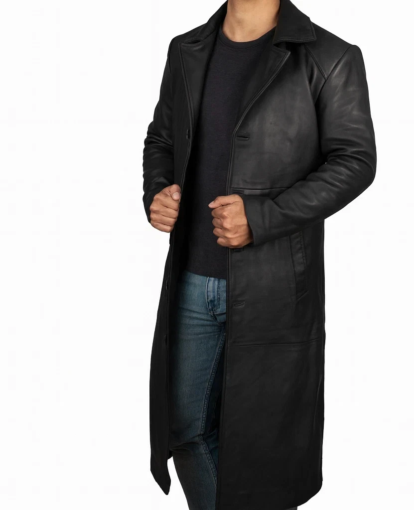 Men’s Black Leather Trench Coat | Long Genuine Leather Duster Overcoat