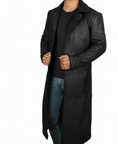 Men’s Black Leather Trench Coat | Long Genuine Leather Duster Overcoat - Picture 1 of 6