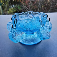 Vintage Mosser Cobalt Blue Glass Miniature Punch Bowl Set Strawberry Pattern