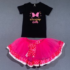 New Girls Black Birthday Girl Minnie Mouse Outfit T-Shirt Pink Polka Dot Tutu
