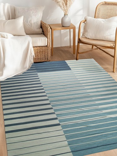 EORC Elegance Design Azure Stripes Handmade Wool Area New Rug - Picture 3 of 11