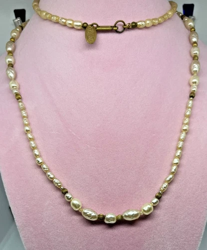 Vintage Miriam Haskell 30" Baroque Faux Pearl Necklace Signed Russian Gold