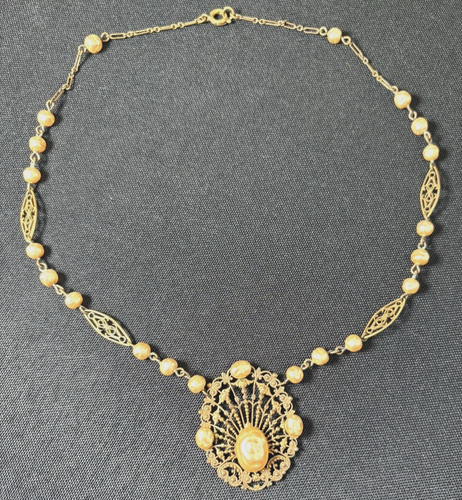 Antik Vintage goldfarben filigran Halsband Halskette Kunstperlen Art Deco - Bild 2 von 9