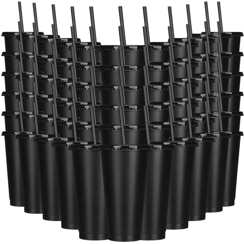 Vaso con pajita y tapa a granel 24 oz vasos de plástico reutilizables (negro, 60 juegos) - Imagen 1 de 7