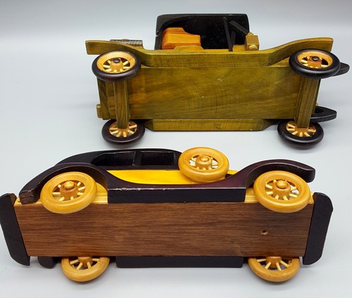 2 Unbranded Old Fashioned Wood Cars Stained 10" Long, Wheels Work - Picture 8 of 10