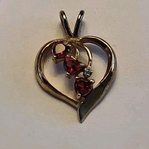 Ciondolo Vintage Sterling Vermeil Oro Zircone Rosso Cuore Granato 1,2" - Foto 3 di 7