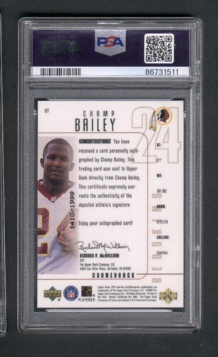 999 SPx Champ Bailey Auto PSA 8 Rookie RC Numbered to /1999 - Picture 2 of 2