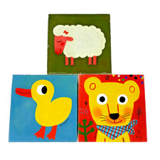 Set of 3 Animal Canvas Prints 6x6 Children's Bedroom Art Sheep Lion Yellow Duck
