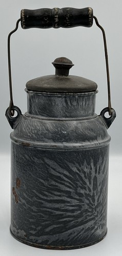 Early 7" Gray Agateware Milk Pail Bail Handle Tin Lid Primitive Folk Art - Picture 1 of 11