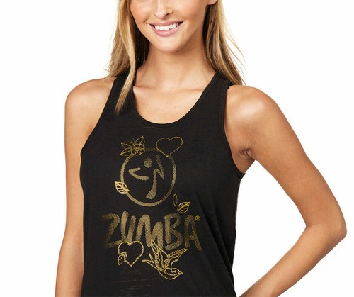 Camiseta sin mangas ZUMBA Celebrate Love lámina metálica dorada - EliteZWear S M L XL - Imagen 2 de 2