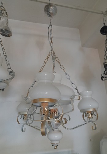 Lampadario Ferro Battuto Vetro Bianco Lanterna Antico Shabby Chic Rustico 4 Luci - Foto 4 di 7