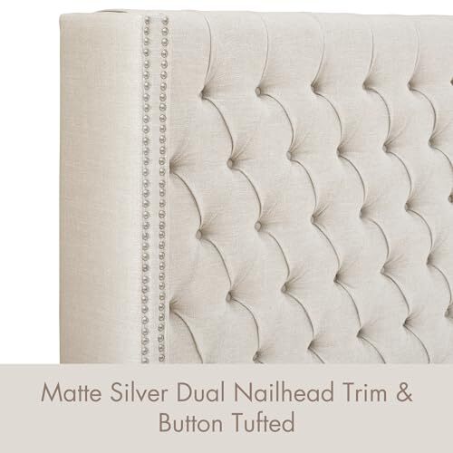 Amelia Upholstered Headboard | Nail Head Trim Wingback Button King Cream - Picture 5 of 7