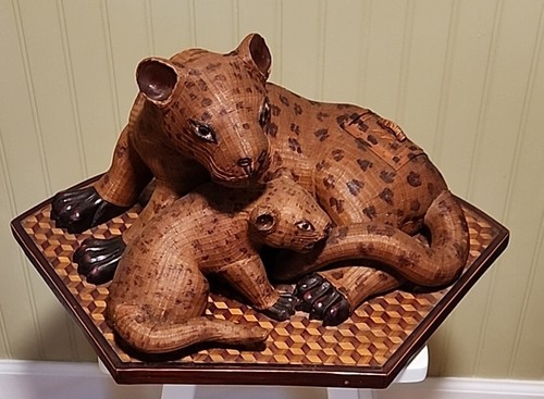 SHANGHAI HANDICRAFTS LARGE WICKER LEOPARD AND CUB BOX CHINA SCARCE - Picture 1 of 22