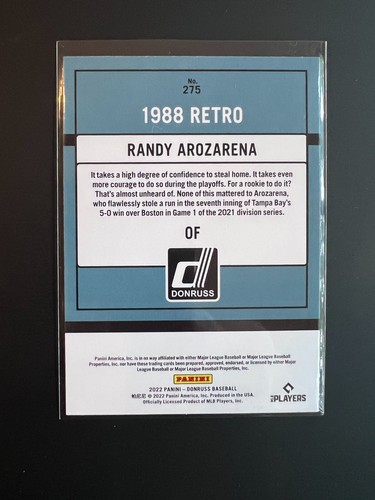 Randy Arozarena 2022 Donruss Baseball 1988 Retro #275 Holo Blue Tampa Bay Rays - Picture 2 of 2