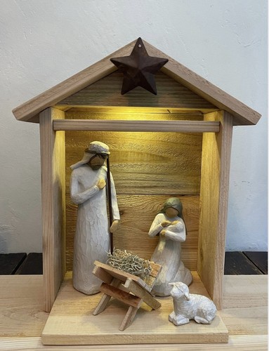 Handgefertigter rustikaler Holzstall oder Krippe und Krippe für Willow Tree Krippe Licht - Bild 3 von 7