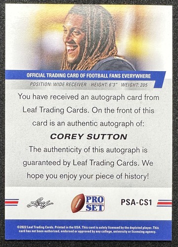 2022 PRO SET COREY SUTTON XRC AUTO #PSA-CS1 APPALACHAIN STATE / DETROIT LIONS - Picture 2 of 2
