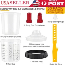 🔥 50 Pack Disposable Paint Spray Gun Cup Liners + Lid System Kit 20oz 600ML Cup
