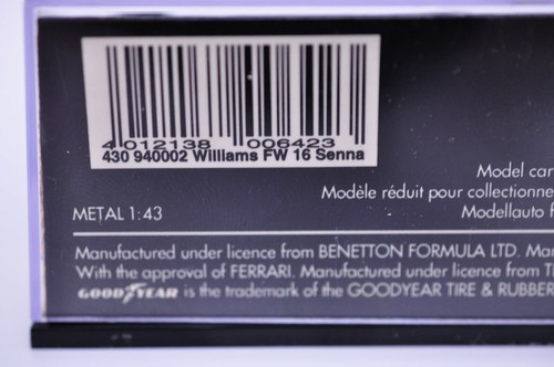 Minichamps 1:43 Williams Renault FW16 Ayrton Senna F1 Fomula One Very Good+ - Picture 10 of 11