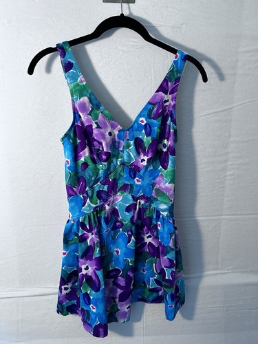 Vintage 60s Retro Maxine Of Hollywood One Piece Skirt Swimsuit Sz M Blue Floral - Picture 2 of 8