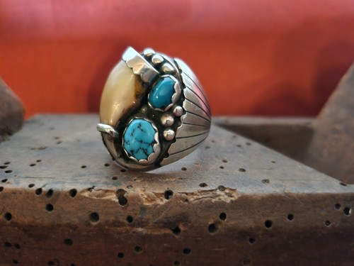 Navajo Ring Sterlinsilber mit 2 Türkisen und Kralle/Horn HERREN - Bild 8 von 9